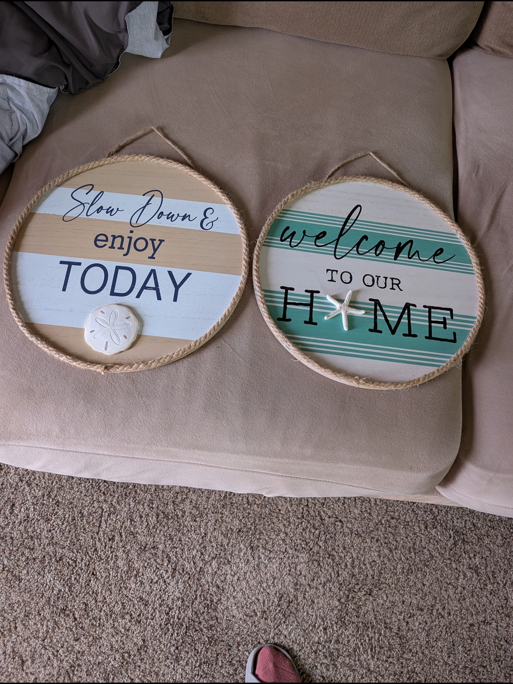 Coastal Stripe Round Wall Signs - Teal & Beige
